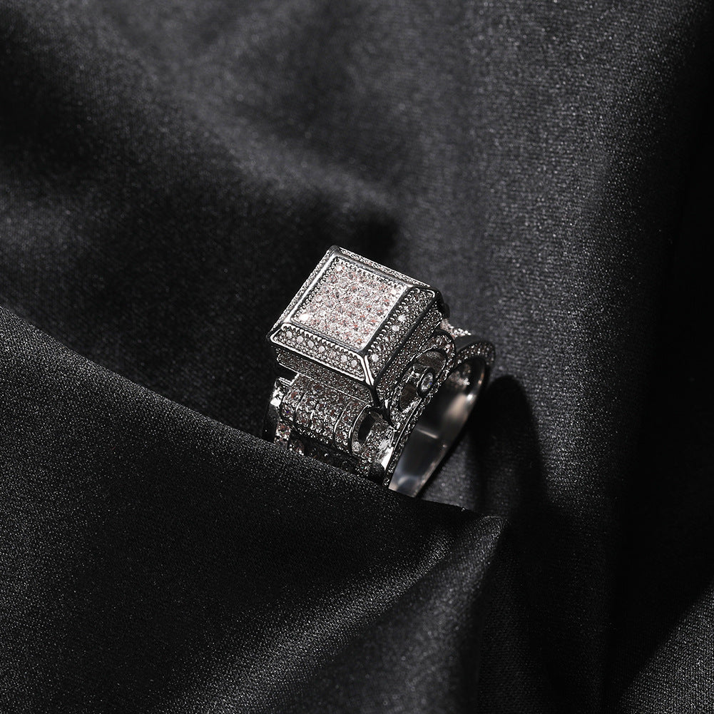 Hip-hop square diamond-encrusted couple ring