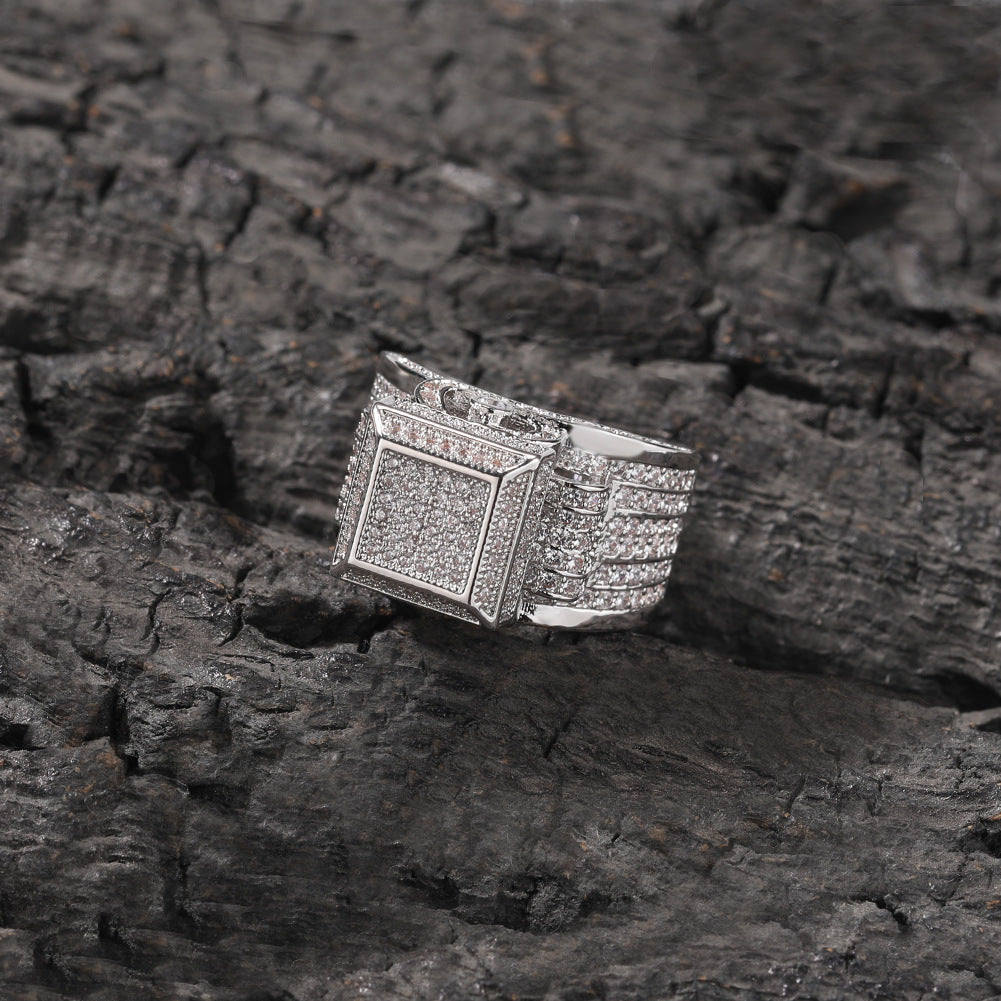 Hip-hop square diamond-encrusted couple ring
